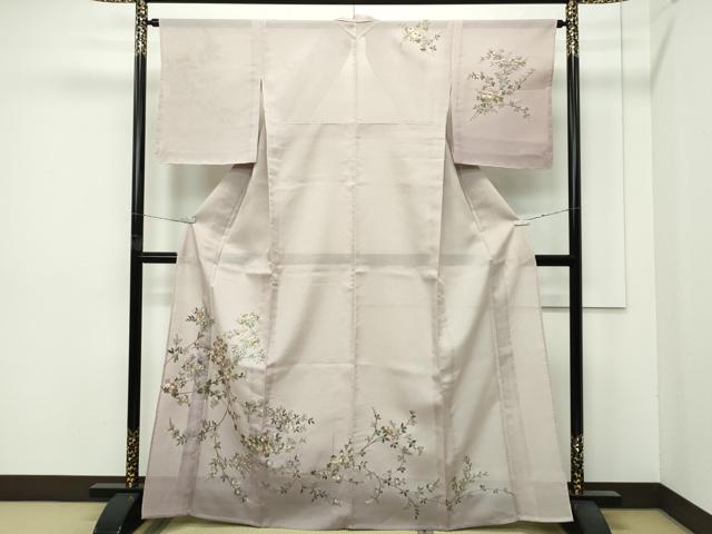 長閑やかさ屋御召しもの＊飛び切り 夏物 短い訪問着 総刺しゅう 枝花文 暈し染め 金糸 空五倍子色地 珠玉 未当て嵌める CZAA4426s6