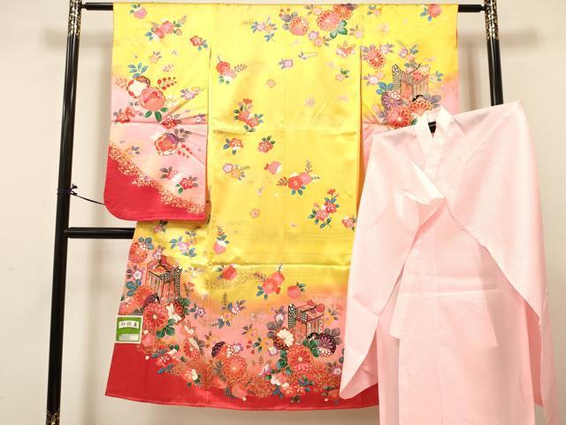 長閑やかさ屋御召しもの[]七五三 うしろ帯 ７歳 祝着 四つ身 長襦袢(単衣)仕掛ける 御所車花文 暈し染め 金彩 未当て嵌める DABA3843ma