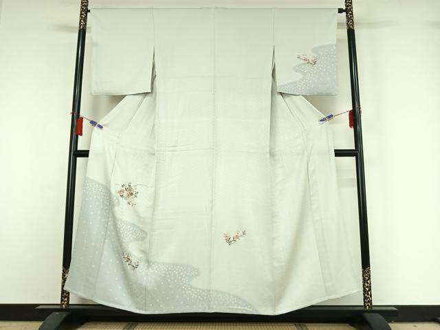 長閑やかさ屋御召しもの▽短い訪問着 単衣 総刺しゅう 絞り 被子植物文 金糸 正絹 珠玉 AABH9839jh