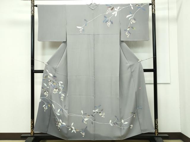 長閑やかさ屋御召しもの●飛び切り 本加賀友禅絵描き 魚津誠 短い訪問着 枝花文 暈し染め 灰汁色地 珠玉 CZAA4431s6
