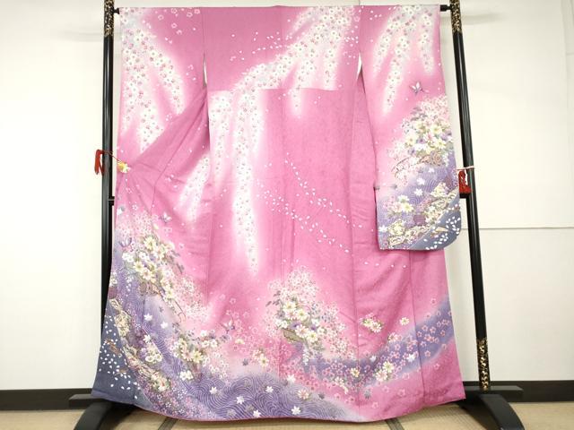平和屋着物●豪華振袖　刺繍　花車舞蝶文　暈し染め　金糸　金彩　正絹　逸品　AABI0008cs｜平和屋