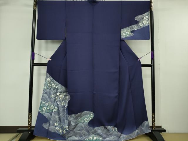 長閑やかさ屋御召しもの●飛び切り 短い訪問着 立波更紗花文 鉄紺色地 暈し染め 現ナマ彩 珠玉 DZAB6329kh6