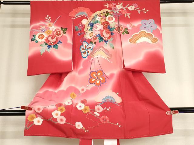長閑やかさ屋御召しもの[]お宮参り うしろ帯 祝着 産着 初着 のしめ 友禅 檜扇花文 暈し染め 金彩 珠玉 未当て嵌める AABD1814ja