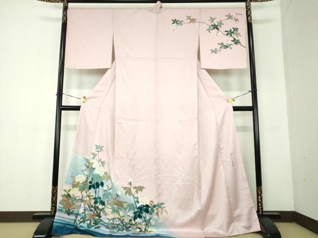 長閑やかさ屋御召しもの●二代目清次郎 墨付き 短い訪問着 顕花植物文 暈し染め ロング丈 正絹 珠玉 DABF7843ps