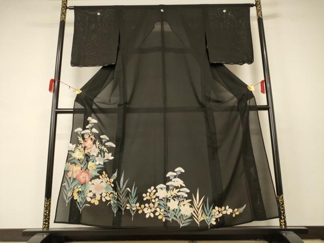 長閑やかさ屋御召しもの＊夏物 黒留袖 絽 刺しゅう 被子植物文 現ナマ彩 正絹 珠玉 AABD4669jd