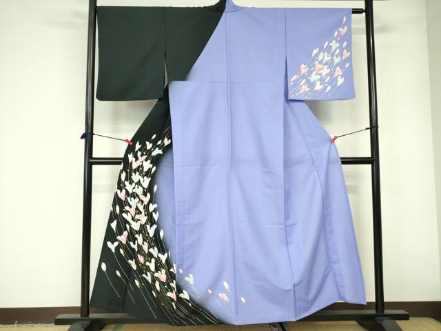 長閑やかさ屋御召しもの▽短い訪問着 単衣 被子植物文 暈し染め 金彩 洗える御召しもの DABE1507op