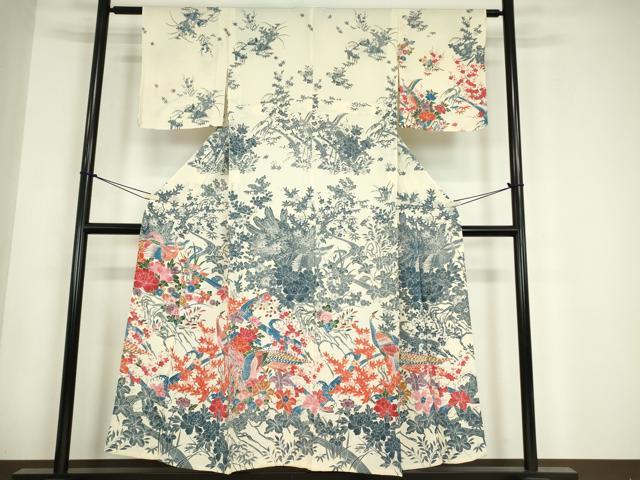 長閑やかさ屋御召しもの▽短い訪問着 単衣 型染め クジャク花文 鬼しぼクレープ 正絹 珠玉 DABE4712az