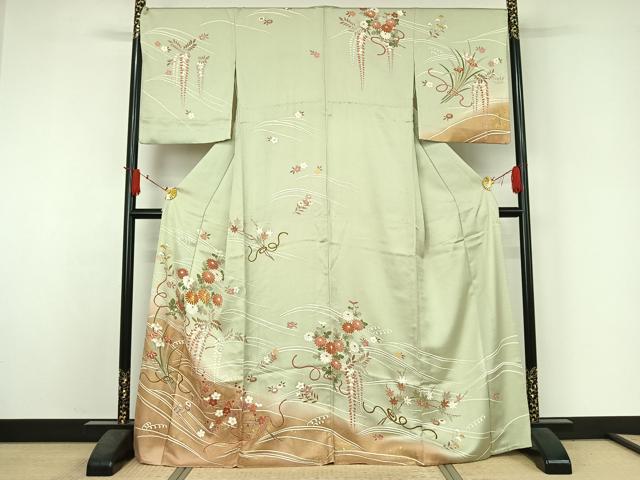 長閑やかさ屋御召しもの▽短い訪問着 単衣 駒刺しゅう 水筋花文 暈し染め 金彩 正絹 珠玉 AABJ3531jh