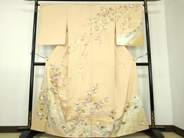 長閑やかさ屋御召しもの●短い訪問着 槍梅 枝垂れ桜 吉祥花文 金彩 正絹 珠玉 DABF7885ps