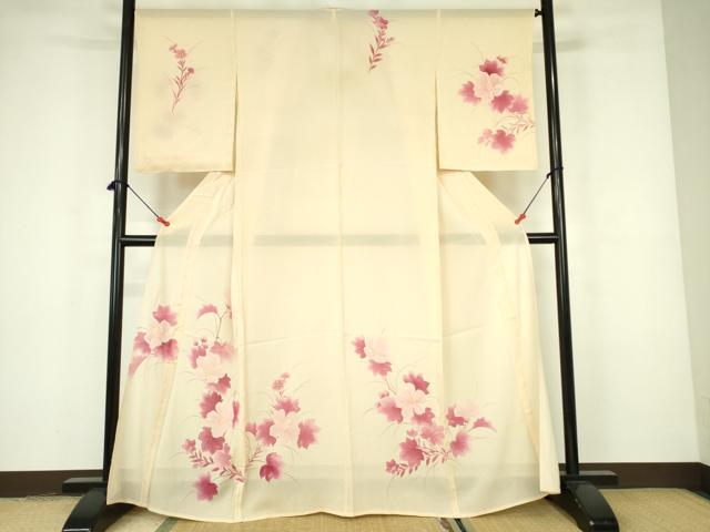 長閑やかさ屋御召しもの＊夏物 短い訪問着 絽 手書き 顕花植物 正絹 珠玉 DABE1847op