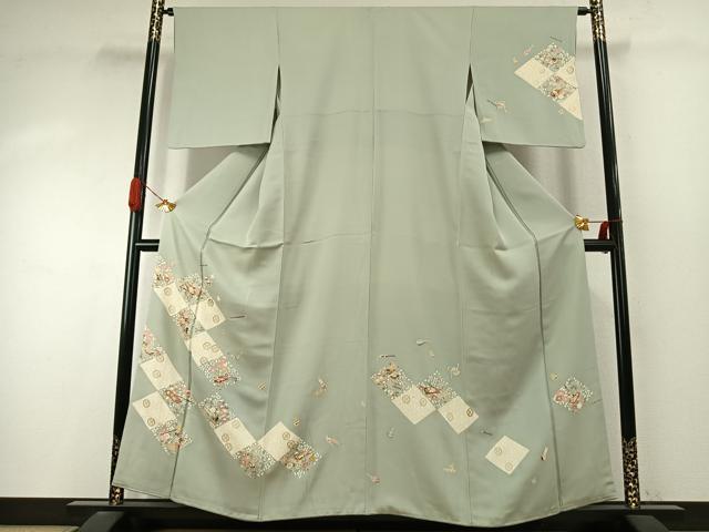 長閑やかさ屋お召しもの●短い訪問着 駒刺しゅう インストゥルメント花文 金彩 正絹 珠玉 AABJ4011fy