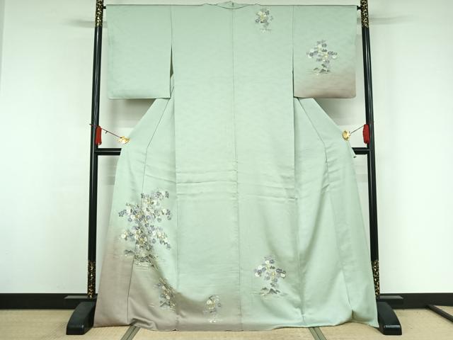 長閑やかさ屋御召しもの▽短い訪問着 単衣 駒刺しゅう 水筋花文 暈し染め ロング丈 正絹 珠玉 AABJ3554jh