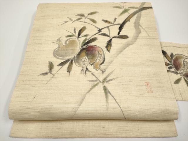 長閑やかさ屋御召しもの＊夏物 九寸名古屋帯 執筆者物 手書き 成り物 金彩 麻 珠玉 CABH6187tx