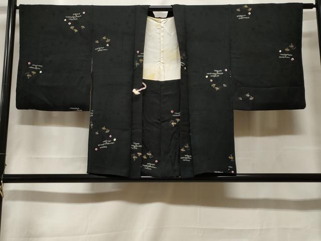 長閑やかさ屋御召しもの＃羽織 絞り 寿光織 エ霞扇子文 黒地 金糸 正絹 珠玉 CABF3913電子ボルト