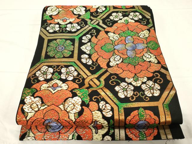 平和屋着物●六通柄　本袋帯　蜀江花文　黒地　金糸　正絹　逸品　CABC4774dy｜平和屋