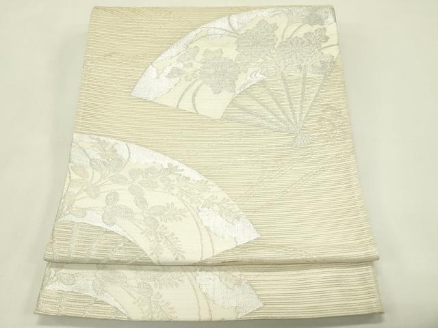 長閑やかさ屋お召しもの＊夏物 六通柄袋帯 扇子顕花植物文 銀糸 正絹 珠玉 CABH5919rv
