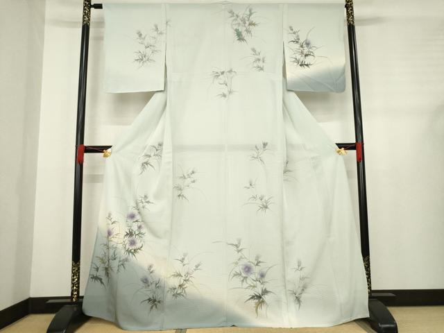 長閑やかさ屋お召しもの＊夏物 短い訪問着 絽 墨付き 顕花植物文 暈し染め 銀彩 正絹 珠玉 AABD9937ck