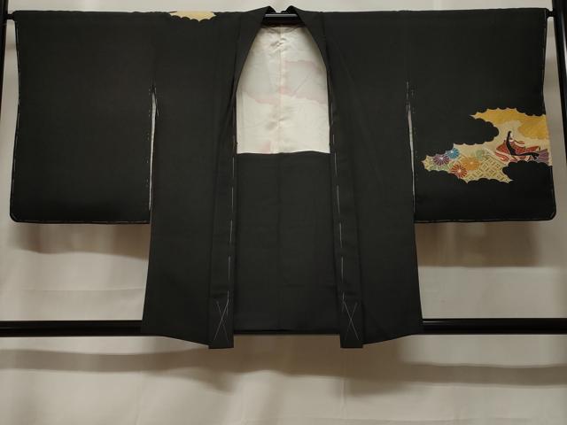 長閑やかさ屋御召しもの＃羽織 駒刺しゅう 十二単 花文 黒地 金彩 正絹 珠玉 未当て嵌める CABF3897電子ボルト