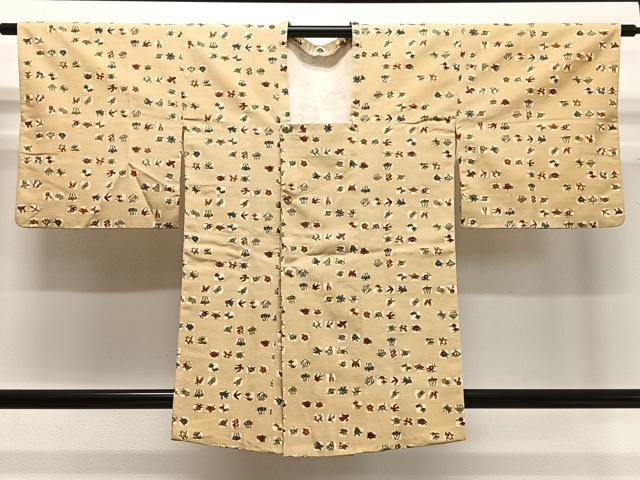 平和屋着物&infin;道行コート　紬地　型染め　花鳥文　正絹　逸品　CABC3156ua｜平和屋