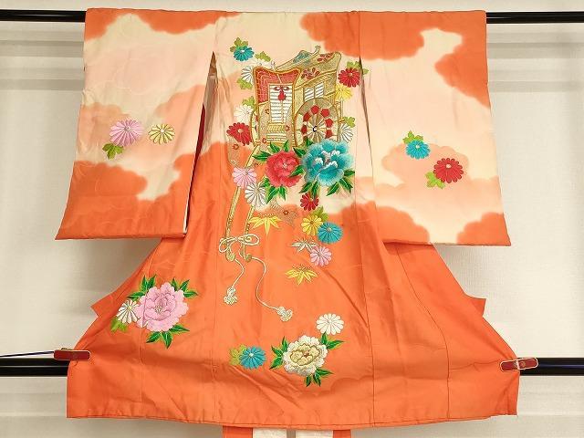 長閑やかさ屋御召しもの[]七五三 お嬢さん ３歳 祝着 参身 総刺しゅう 御所車花文 暈し染め 現ナマ糸 珠玉 AABI2758ja