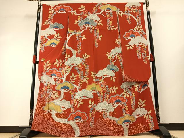 平和屋着物●豪華振袖 型染め 枝松文 鬼しぼ縮緬 正絹 逸品 AABH0590fy