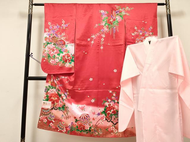 長閑やかさ屋御召しもの[]七五三 うしろ帯 ７歳 祝着 四つ身 長襦袢(単衣)仕掛ける 鴛鴦 御所車鞠花文 暈し染め 金彩 未当て嵌める DABA3846ma