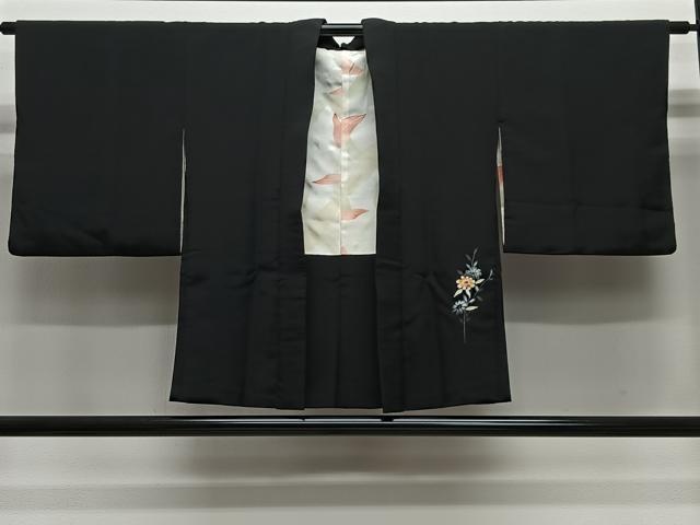 平和屋着物＃羽織　枝花文　黒地　金彩　正絹　逸品　CABG3606ua｜平和屋