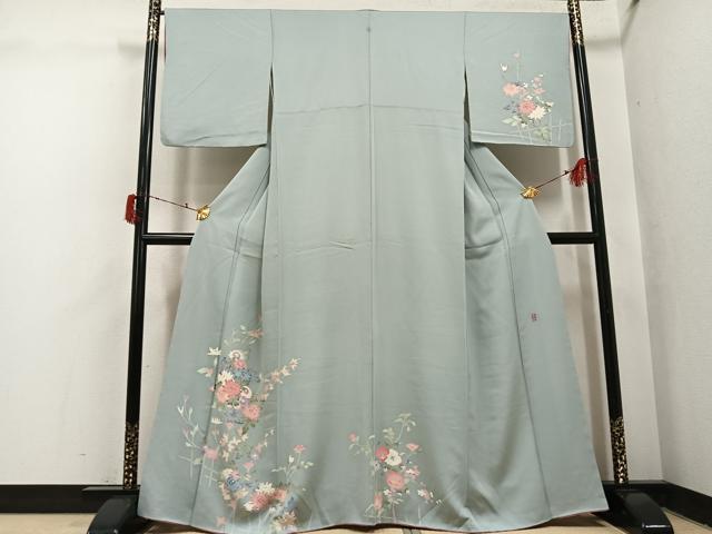 長閑やかさ屋御召しもの●本加賀友禅絵書き 岡本幸治 短い訪問着 枝花文 正絹 珠玉 AABI7397ph