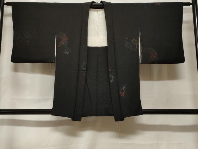 平和屋着物＃羽織　寿光織　草花丸文　黒地　金銀糸　正絹　逸品　CABF3927ev｜平和屋
