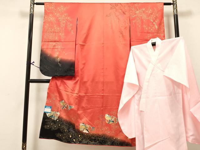 長閑やかさ屋御召しもの[]七五三 うしろ帯 ７歳 祝着 四つ身 長襦袢(単衣)仕掛ける 鴛鴦花文 暈し染め 現ナマ彩 珠玉 DABA3850ma