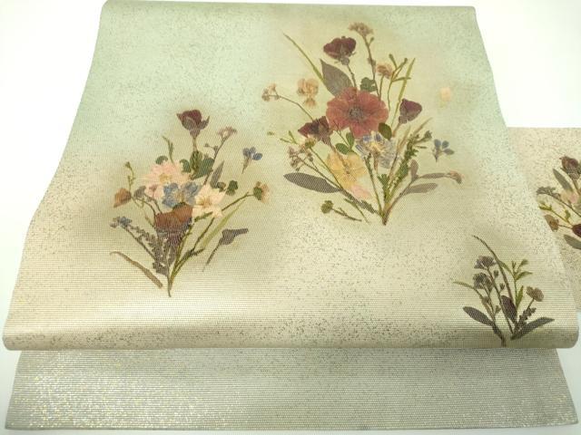 長閑やかさ屋御召しもの●押し花芸術執筆者 建野誠一 九寸名古屋帯 押し花 金彩 正絹 珠玉 DABE5459ps