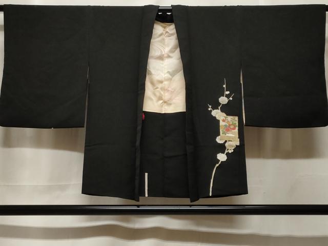 平和屋着物＃羽織　駒刺繍　色紙重ね枝梅文　黒地　金彩　正絹　逸品　CABF3930ev｜平和屋