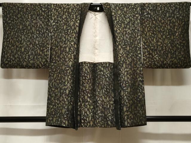 長閑やかさ屋御召しもの＃羽織 寿光織 花唐草文 黒地 金糸 正絹 珠玉 CABF3940電子ボルト