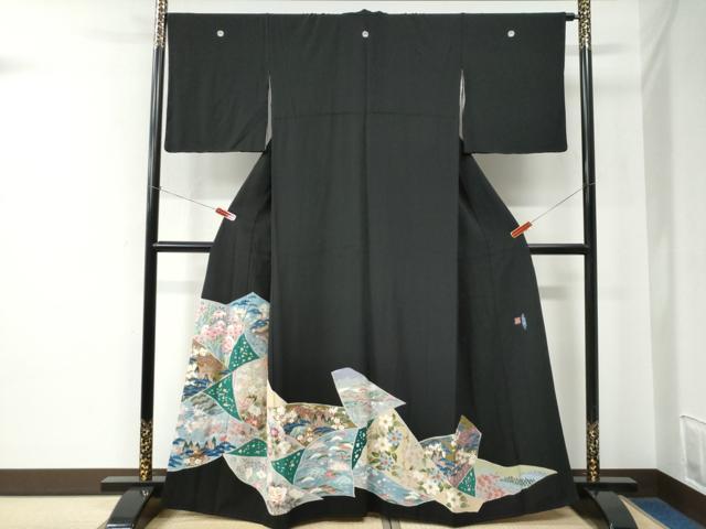 長閑やかさ屋御召しもの●晴れ晴れしい黒留袖 友禅 絵描き物 古代錦 松竹梅見晴らし花文 正絹 珠玉 未当て嵌める CABE2307yc