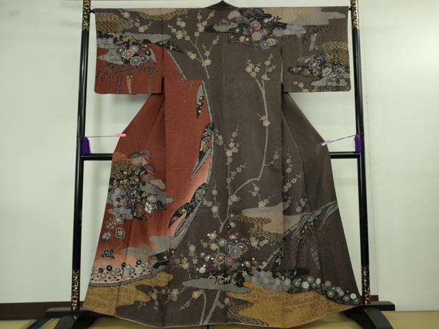 長閑やかさ屋御召しもの●飛び切り 中国三大刺しゅう スワトウ刺しゅう 汕頭刺繍 短い訪問着 被子植物文 暈し染め 金糸 金通し地 珠玉 DZAB4165kh6