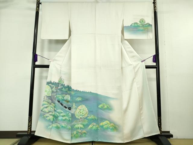 長閑やかさ屋中央局●より良い 短い訪問着 荷馬車 お城 アイヴォリー色地 暈し染め 銀彩 珠玉 DZAB6968kh6