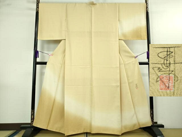 長閑やかさ屋御召しもの●飛び切り 京加賀友禅 百貫石峰 短い訪問着 御召しもの地 花唐草地紋 蜂みつ色地 暈し染め 珠玉 DZAB4168kh6