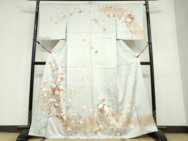 長閑やかさ屋御召しもの●短い訪問着 駒刺しゅう 顕花植物文 金彩 正絹 珠玉 未当て嵌める DABF1900ud