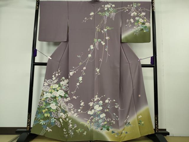 長閑やかさ屋中央局●御前上等 短い訪問着 友禅 絵書き物 四季花文 グレープ薄墨色地 暈し染め 珠玉 DZAB6960kh6