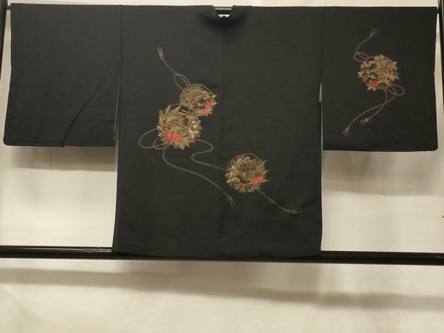 長閑やかさ屋御召しもの＃羽織 駒刺しゅう 鏡裏被子植物文 黒地 金彩 正絹 珠玉 未当て嵌める CABF1515インチ