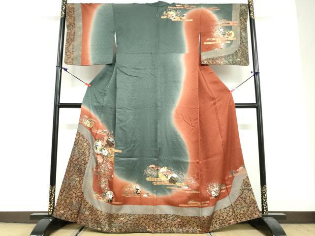 長閑やかさ屋御召しもの●短い訪問着 駒刺しゅう エ霞雪輪顕花植物文 暈し染め 金彩 正絹 珠玉 DABF1907ud