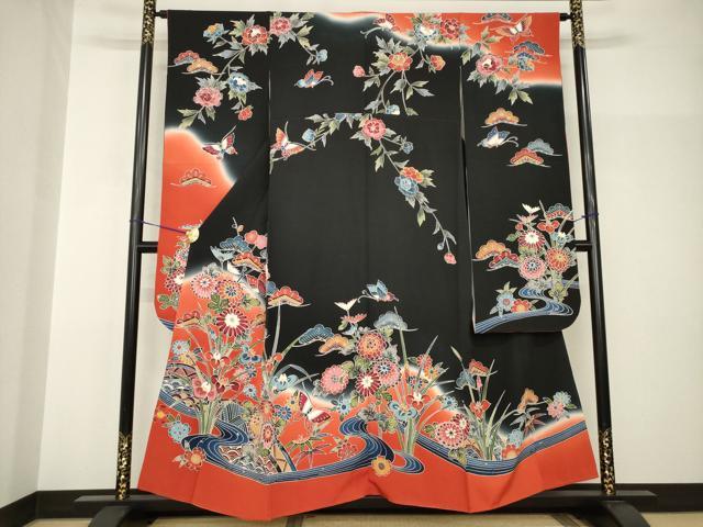 長閑やかさ屋御召しもの●晴れ晴れしい振袖 紅型 水流花蝶籬文 黒地 正絹 珠玉 AABH9530ck