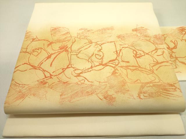 長閑やかさ屋御召しもの●塩瀬 九寸名古屋帯 絵描き物 墨付き 抽象化文様 金彩 正絹 珠玉 DABE1805op