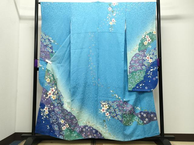 長閑やかさ屋御召しもの●晴れ晴れしい振袖 駒刺しゅう 雪輪舞桜文 暈し染め 金彩 金通し地 京都きもの友禅取りまわし 正絹 珠玉 CABD9321gh