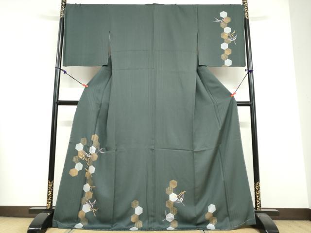 長閑やかさ屋御召しもの●短い訪問着 刺しゅう 亀甲飛鶴文 金彩 正絹 珠玉 未当て嵌める DABF1933ud