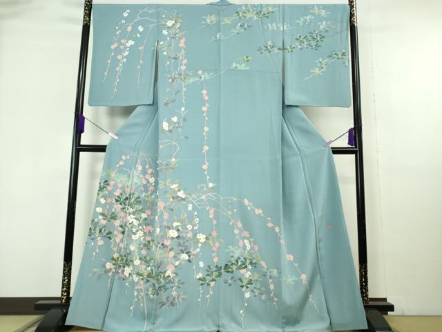 長閑やかさ屋中央局●御前上等 十日町友禅絵書き 一梗 短い訪問着 松 椿 浅縹色地 珠玉 DZAB6958kh6