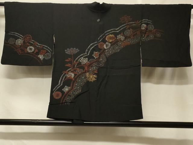 平和屋着物#羽織 寿光織 草花文 黒地 金銀糸 正絹 逸品 CABF1537in|平和屋