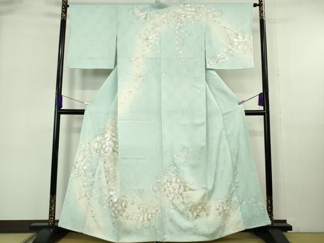 長閑やかさ屋中央局●御前上等 短い訪問着 総手刺しゅう 舞桜 薄べったい瓶覗色地 暈し染め 金糸 珠玉 DZAB6957kh6