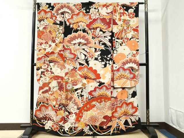 長閑やかさ屋中央局●アンティーク 大正物語り 振袖 駒刺しゅう 檜扇吉祥松竹梅花文 黒地 金彩 正絹 珠玉 CABG0576yc