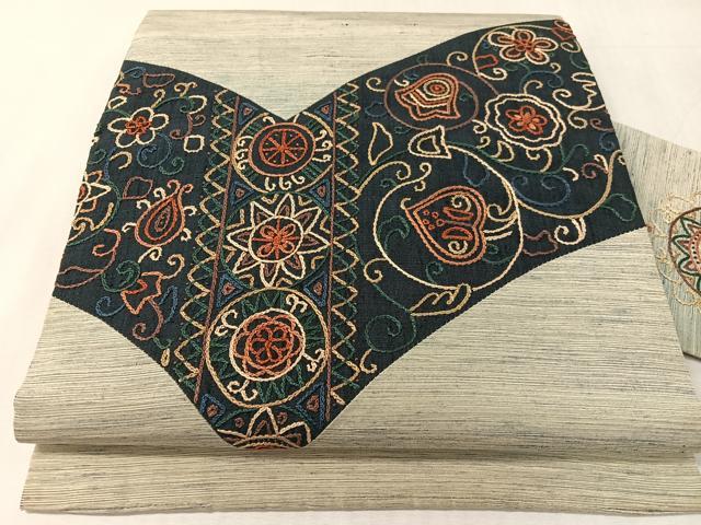 平和屋着物●中国三大刺繍 相良刺繍 総刺繍 九寸名古屋帯 紬地 切嵌 更紗唐草文 正絹 逸品 CABK4449vp|平和屋
